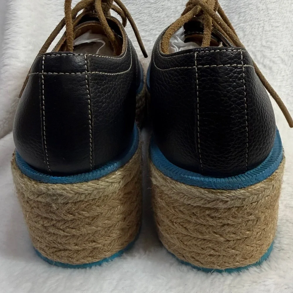 John‎ Fluevog 4 Platform Oxford Shoe Black Espadrille Jute Designer Boho Artsy